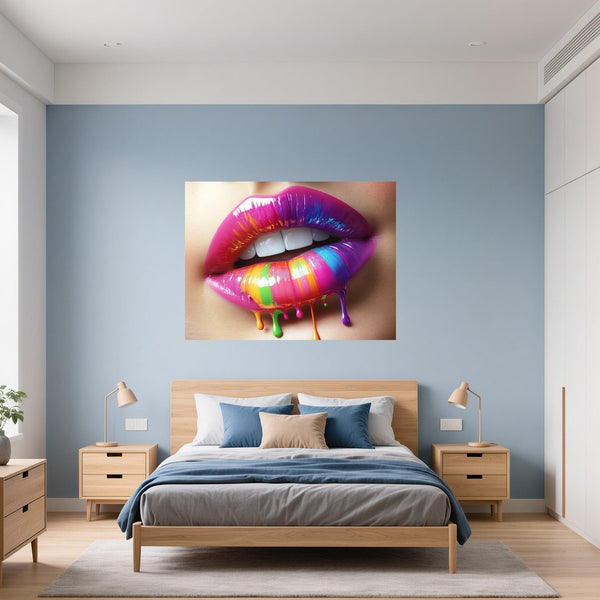 Poster Wandbild Bunte Lippenkunst fuer Schlafzimmer blau Querformat