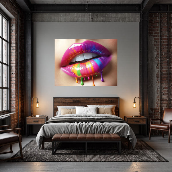 Poster Wandbild Bunte Lippenkunst fuer Schlafzimmer dunkelanthrazit Querformat
