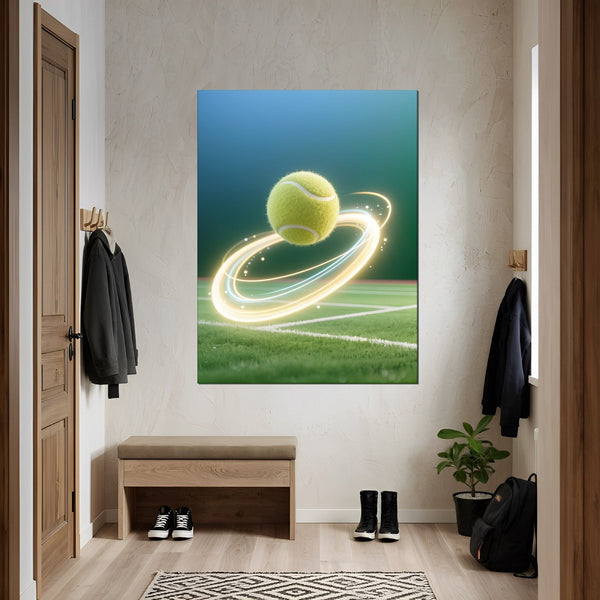 Poster Wandbild Dynamischer Tennis-Moment fuer Flur und Eingang grauoderbeige Hochformat