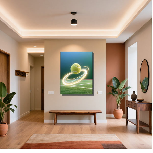 Poster Wandbild Dynamischer Tennis-Moment fuer Flur und Eingang warmeFarben Hochformat