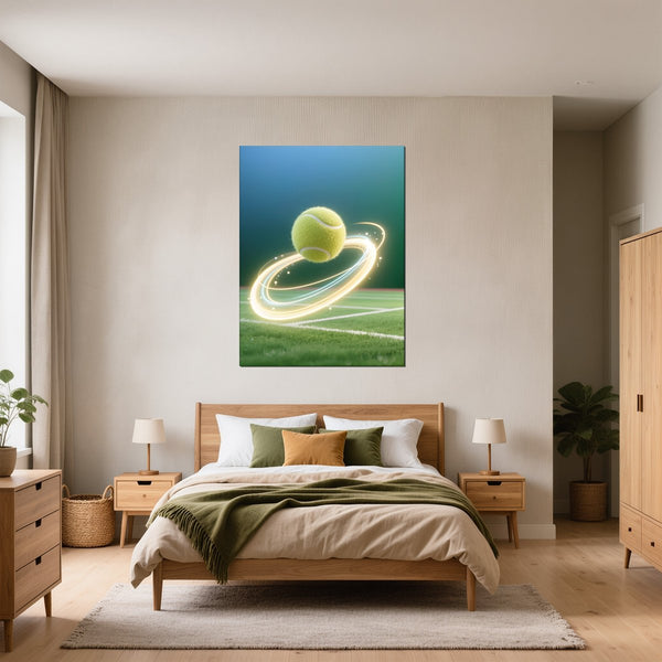 Poster Wandbild Dynamischer Tennis-Moment fuer Schlafzimmer gruen Hochformat