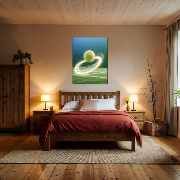Poster Wandbild Dynamischer Tennis-Moment fuer Schlafzimmer warmeFarben Hochformat