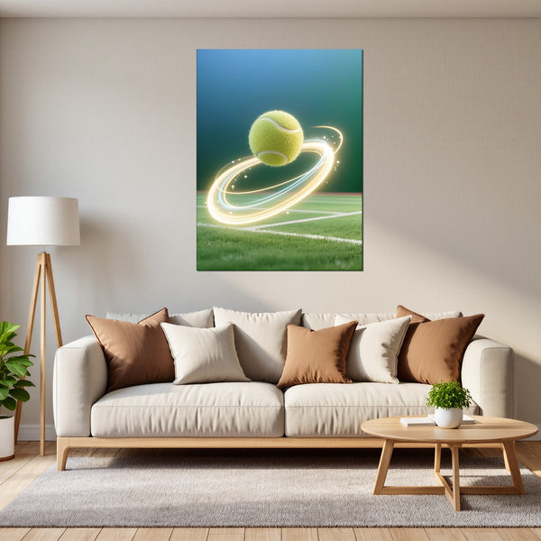 Poster Wandbild Dynamischer Tennis-Moment fuer Wohnzimmer grauoderbeige Hochformat
