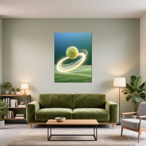 Poster Wandbild Dynamischer Tennis-Moment fuer Wohnzimmer gruen Hochformat