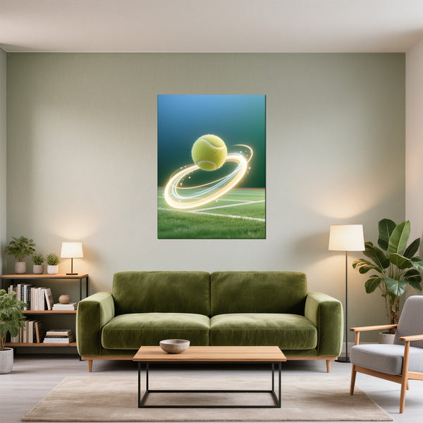 Poster Wandbild Dynamischer Tennis-Moment fuer Wohnzimmer gruen Hochformat