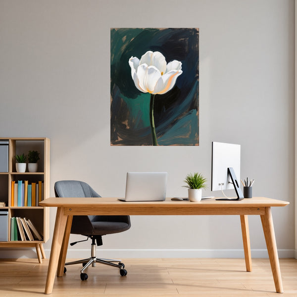 Poster Wandbild Elegante weiße Tulpe fuer Buero und Arbeitszimmer warmeFarben Hochformat