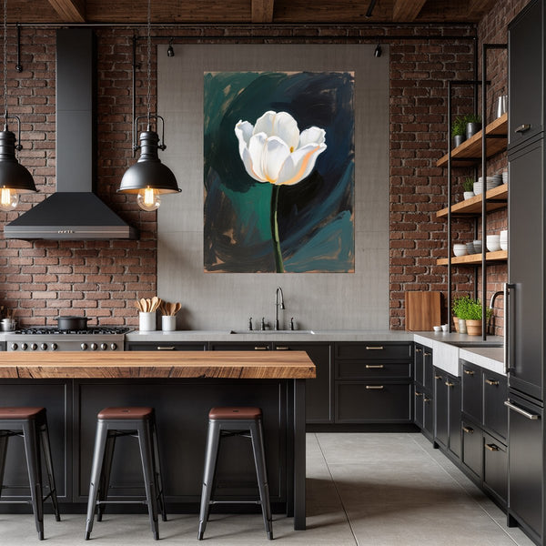 Poster Wandbild Elegante weiße Tulpe fuer Kueche und Esszimmer dunkelanthrazit Hochformat