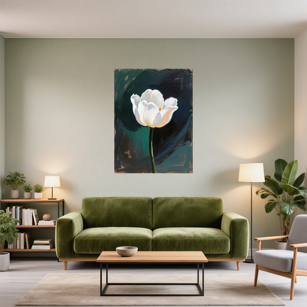 Poster Wandbild Elegante weiße Tulpe fuer Wohnzimmer gruen Hochformat