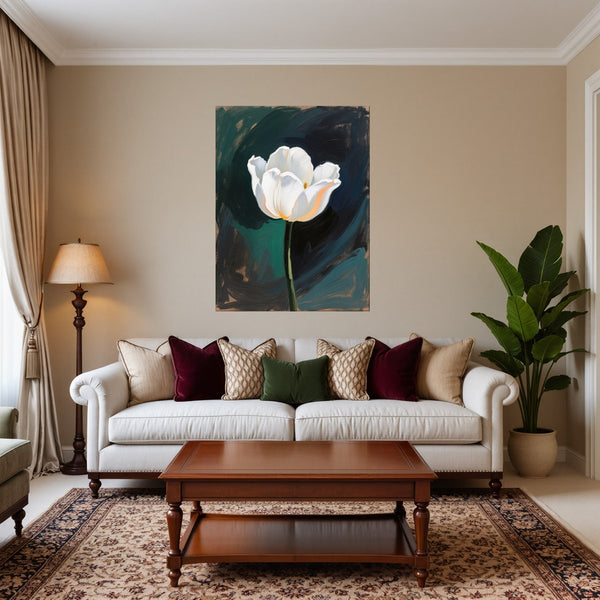 Poster Wandbild Elegante weiße Tulpe fuer Wohnzimmer warmeFarben Hochformat