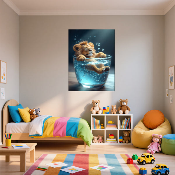 Poster Wandbild Entspanntes Löwenbaby im Glas fuer Kinderzimmer Hochformat