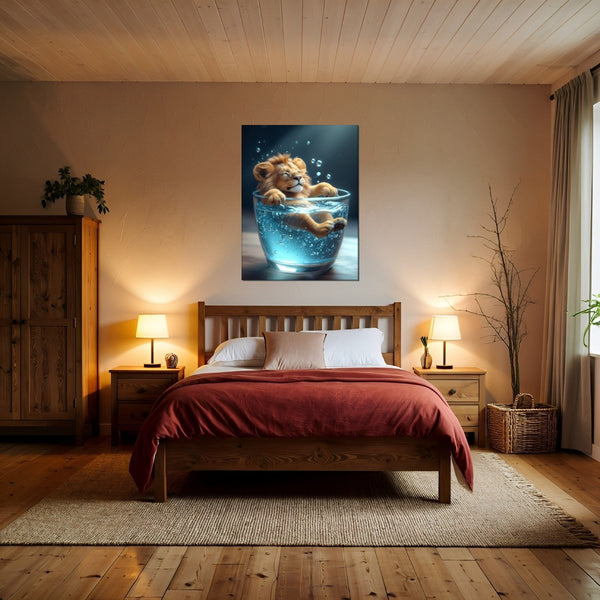 Poster Wandbild Entspanntes Löwenbaby im Glas fuer Schlafzimmer warmeFarben Hochformat