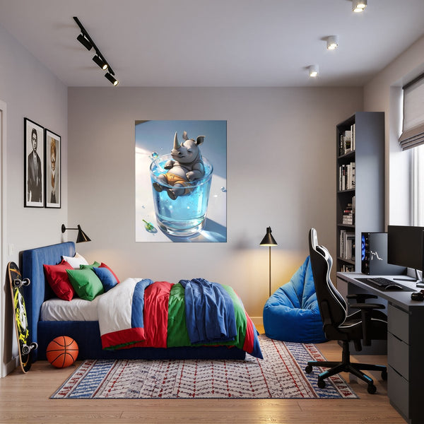 Poster Wandbild Entspanntes Nashorn im Glas fuer Jugendzimmer warmeFarben Hochformat