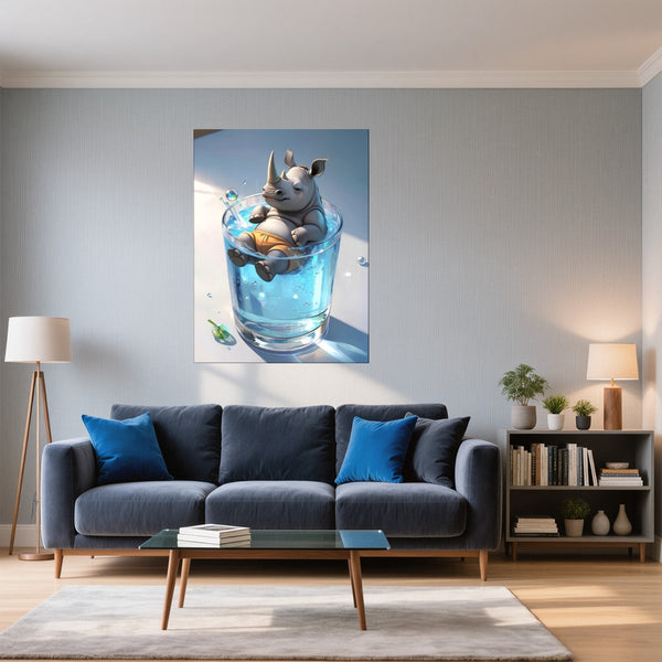 Poster Wandbild Entspanntes Nashorn im Glas fuer Wohnzimmer blau Hochformat