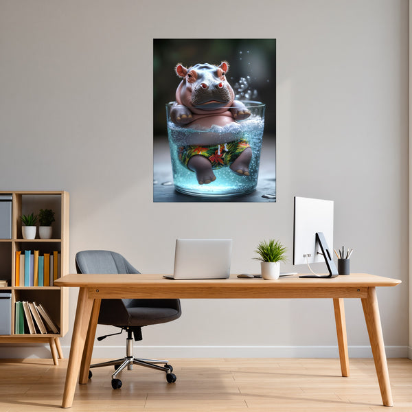 Poster Wandbild Entspanntes Nilpferd im Glas fuer Buero und Arbeitszimmer warmeFarben Hochformat