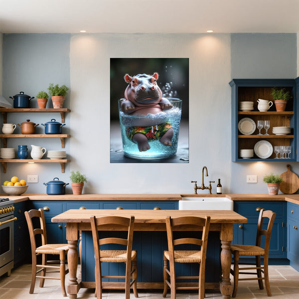 Poster Wandbild Entspanntes Nilpferd im Glas fuer Kueche und Esszimmer blau Hochformat