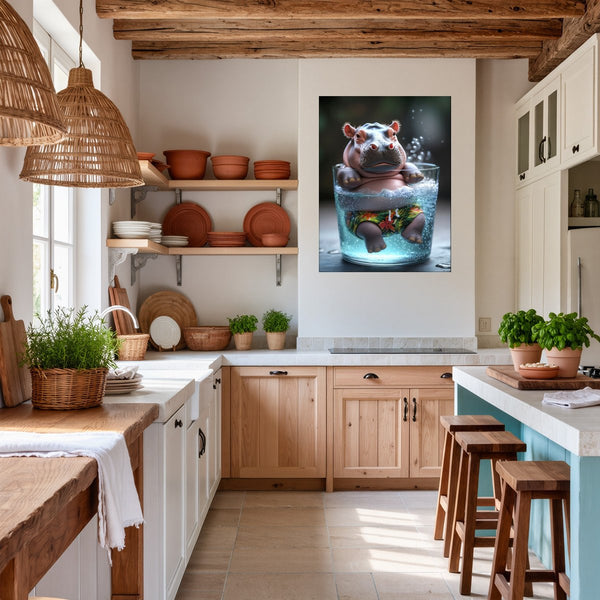 Poster Wandbild Entspanntes Nilpferd im Glas fuer Kueche und Esszimmer warmeFarben Hochformat