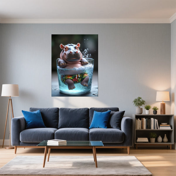 Poster Wandbild Entspanntes Nilpferd im Glas fuer Wohnzimmer blau Hochformat