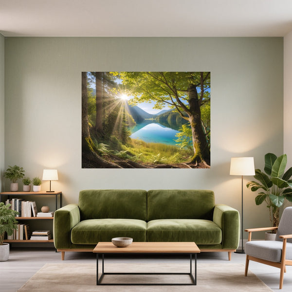 Poster Wandbild Friedliche Naturansicht fuer Wohnzimmer gruen Querformat