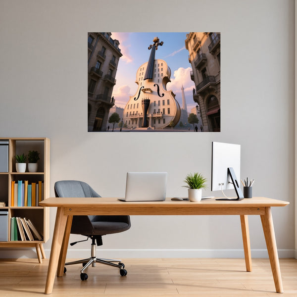 Poster Wandbild Gigantische Violine in der Stadt fuer Büro- und Arbeitszimmer dunkelanthrazit Querformat