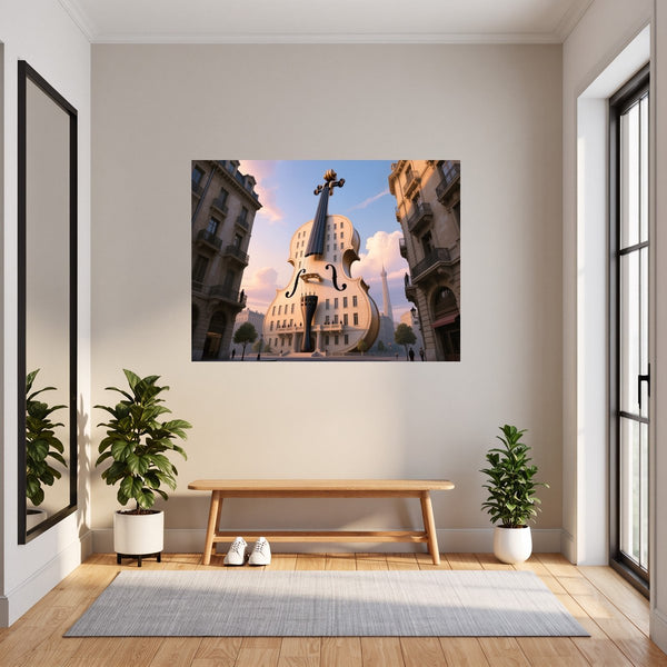 Poster Wandbild Gigantische Violine in der Stadt fuer Flur und Eingang grauoderbeige Querformat