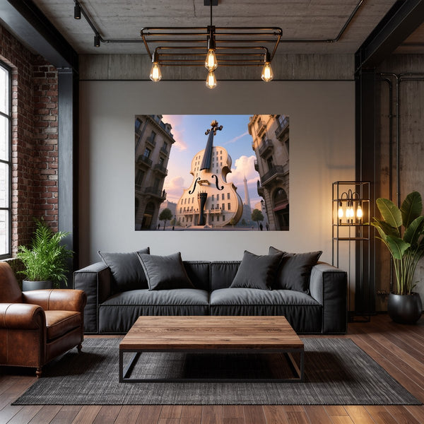 Poster Wandbild Gigantische Violine in der Stadt fuer Wohnzimmer dunkelanthrazit Querformat