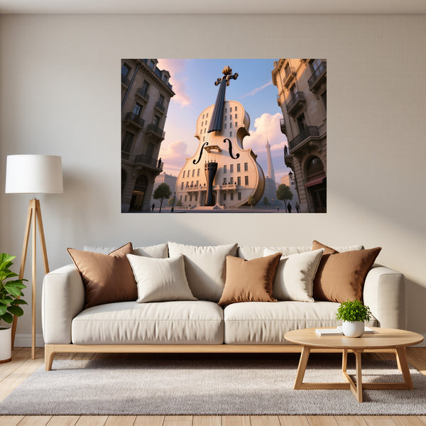 Poster Wandbild Gigantische Violine in der Stadt fuer Wohnzimmer grauoderbeige Querformat