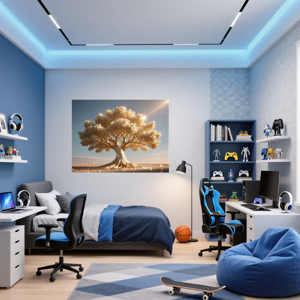 Poster Wandbild Glänzender Baum in der Natur fuer Jugendzimmer blau Querformat