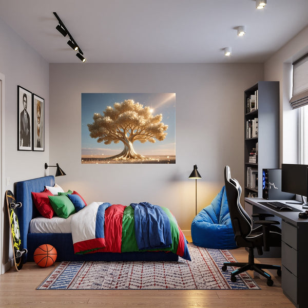 Poster Wandbild Glänzender Baum in der Natur fuer Jugendzimmer warmeFarben Querformat
