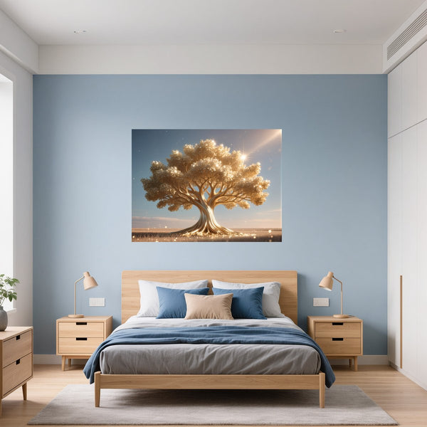 Poster Wandbild Glänzender Baum in der Natur fuer Schlafzimmer blau Querformat