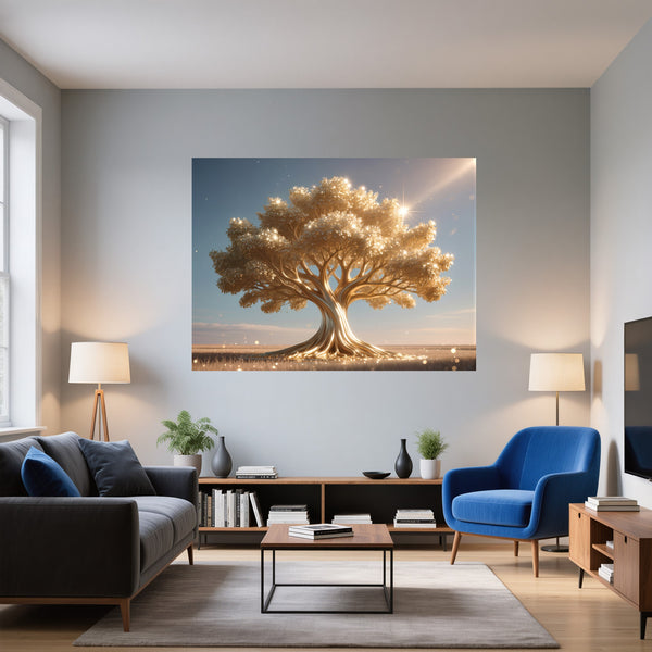 Poster Wandbild Glänzender Baum in der Natur fuer Wohnzimmer blau Querformat