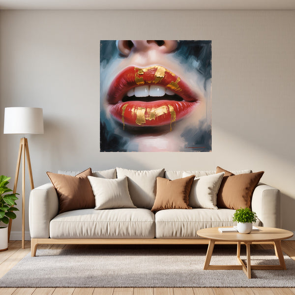 Poster Wandbild Goldene Lippenpracht B-00013 fuer Wohnzimmer grauoderbeige Quadrat