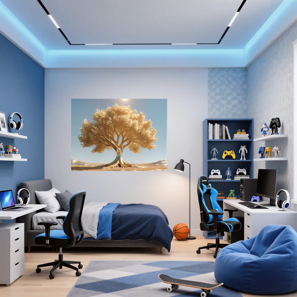 Poster Wandbild Goldener Baum unter blauem Himmel fuer Jugendzimmer blau Querformat