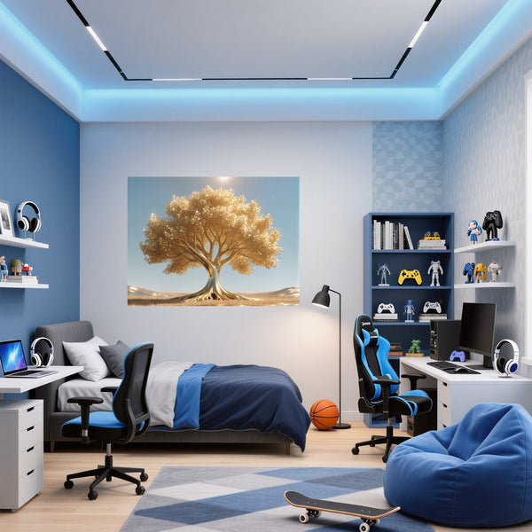 Poster Wandbild Goldener Baum unter blauem Himmel fuer Jugendzimmer blau Querformat
