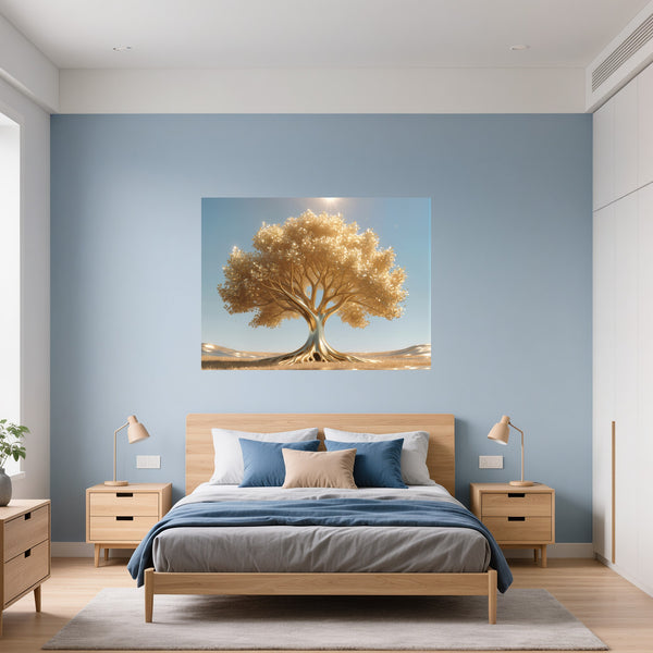 Poster Wandbild Goldener Baum unter blauem Himmel fuer Schlafzimmer blau Querformat