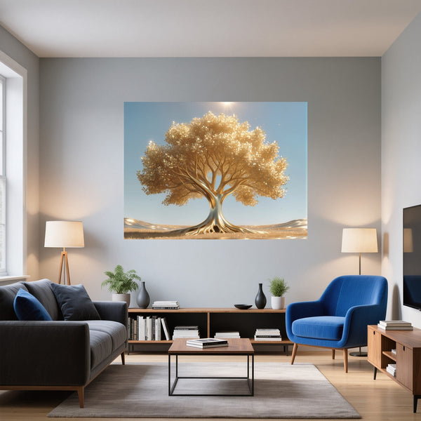 Poster Wandbild Goldener Baum unter blauem Himmel fuer Wohnzimmer blau Querformat