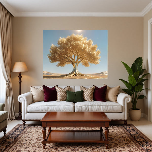 Poster Wandbild Goldener Baum unter blauem Himmel fuer Wohnzimmer warmeFarben Querformat
