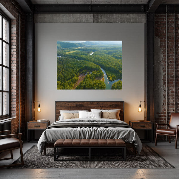 Poster Wandbild Grüne Landschaft mit Fluss fuer Schlafzimmer dunkelanthrazit Querformat