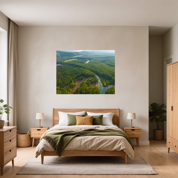 Poster Wandbild Grüne Landschaft mit Fluss fuer Schlafzimmer gruen Querformat