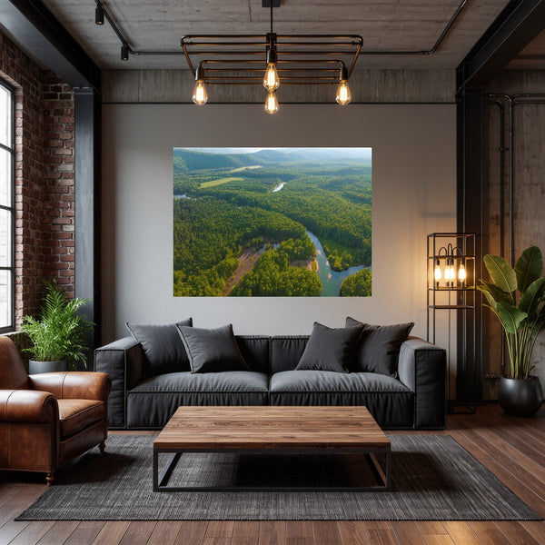 Poster Wandbild Grüne Landschaft mit Fluss fuer Wohnzimmer dunkelanthrazit Querformat