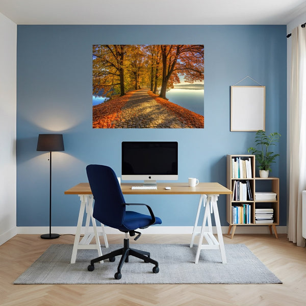 Poster Wandbild Herbstliche Landschaft am Wasser fuer Büro- und Arbeitszimmer blau Querformat