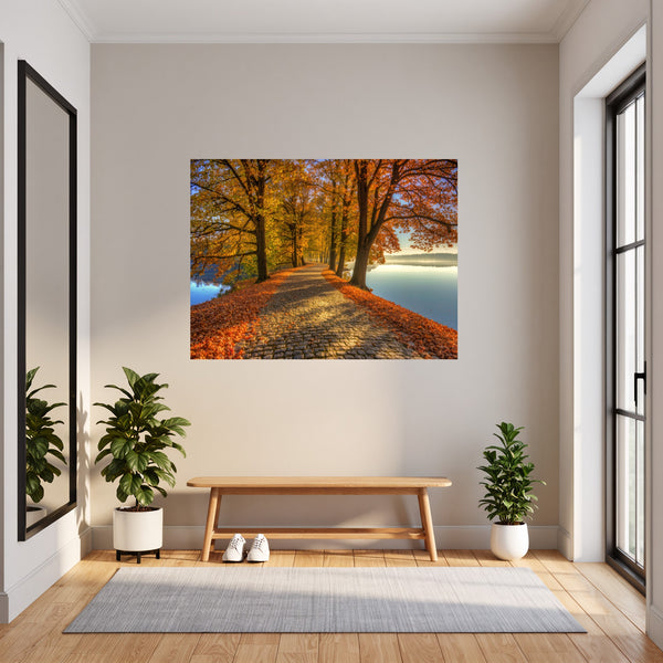 Poster Wandbild Herbstliche Landschaft am Wasser fuer Flur und Eingang grauoderbeige Querformat