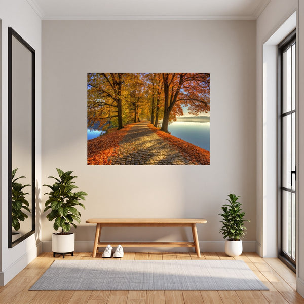 Poster Wandbild Herbstliche Landschaft am Wasser fuer Flur und Eingang grauoderbeige Querformat