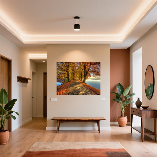 Poster Wandbild Herbstliche Landschaft am Wasser fuer Flur und Eingang warmeFarben Querformat