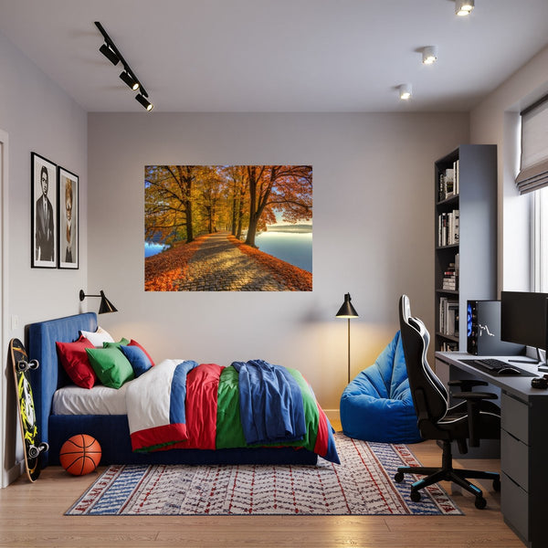 Poster Wandbild Herbstliche Landschaft am Wasser fuer Jugendzimmer warmeFarben Querformat