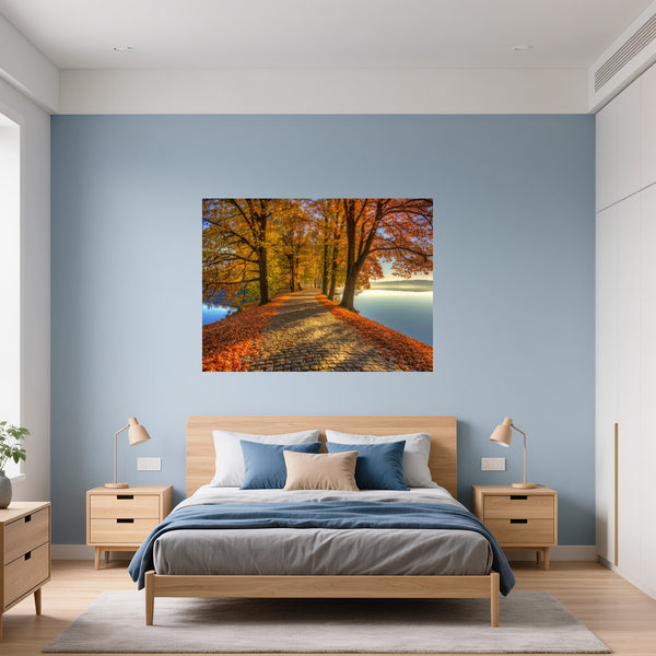 Poster Wandbild Herbstliche Landschaft am Wasser fuer Schlafzimmer blau Querformat