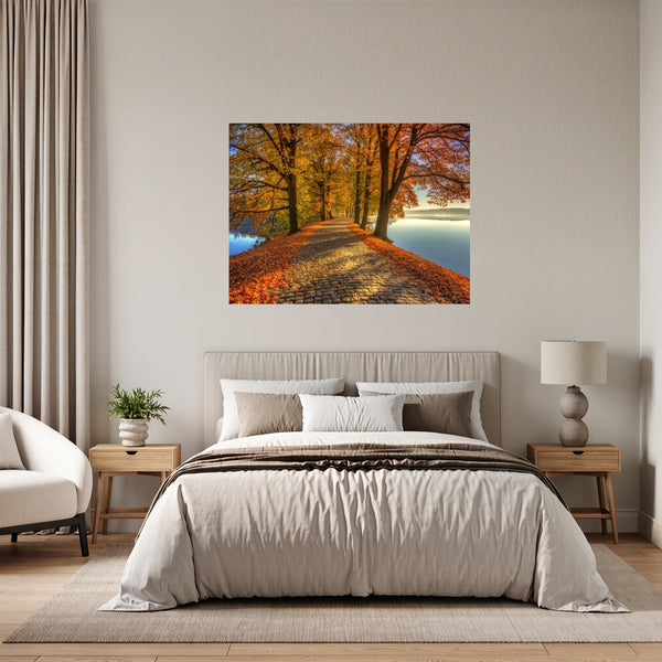 Poster Wandbild Herbstliche Landschaft am Wasser fuer Schlafzimmer grauoderbeige Querformat