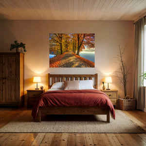 Poster Wandbild Herbstliche Landschaft am Wasser fuer Schlafzimmer warmeFarben Querformat