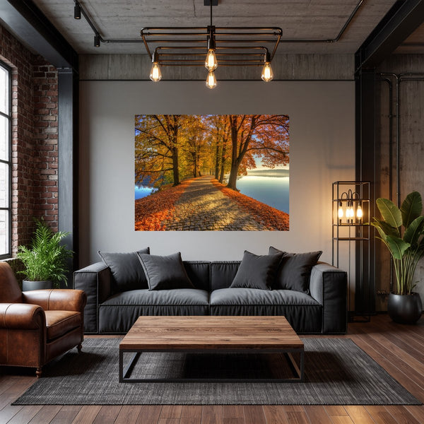 Poster Wandbild Herbstliche Landschaft am Wasser fuer Wohnzimmer dunkelanthrazit Querformat
