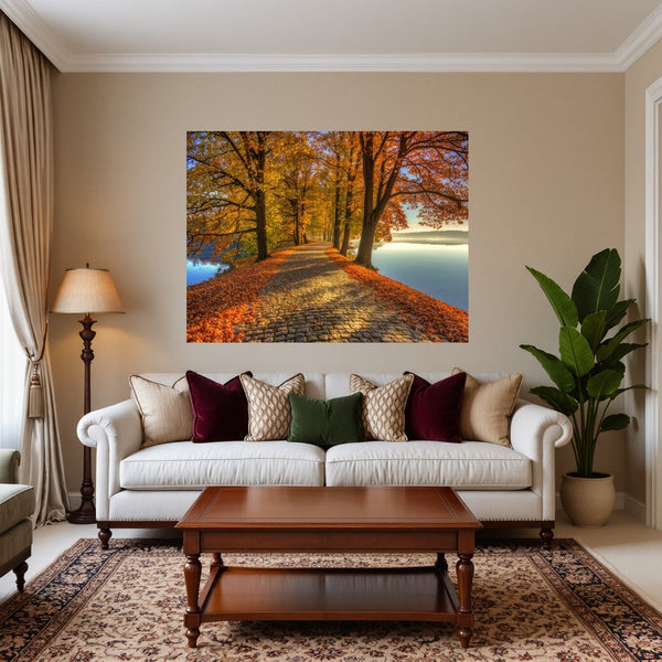 Poster Wandbild Herbstliche Landschaft am Wasser fuer Wohnzimmer warmeFarben Querformat