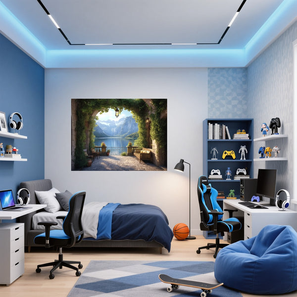 Poster Wandbild Idyllische Berglandschaft fuer Jugendzimmer blau Querformat